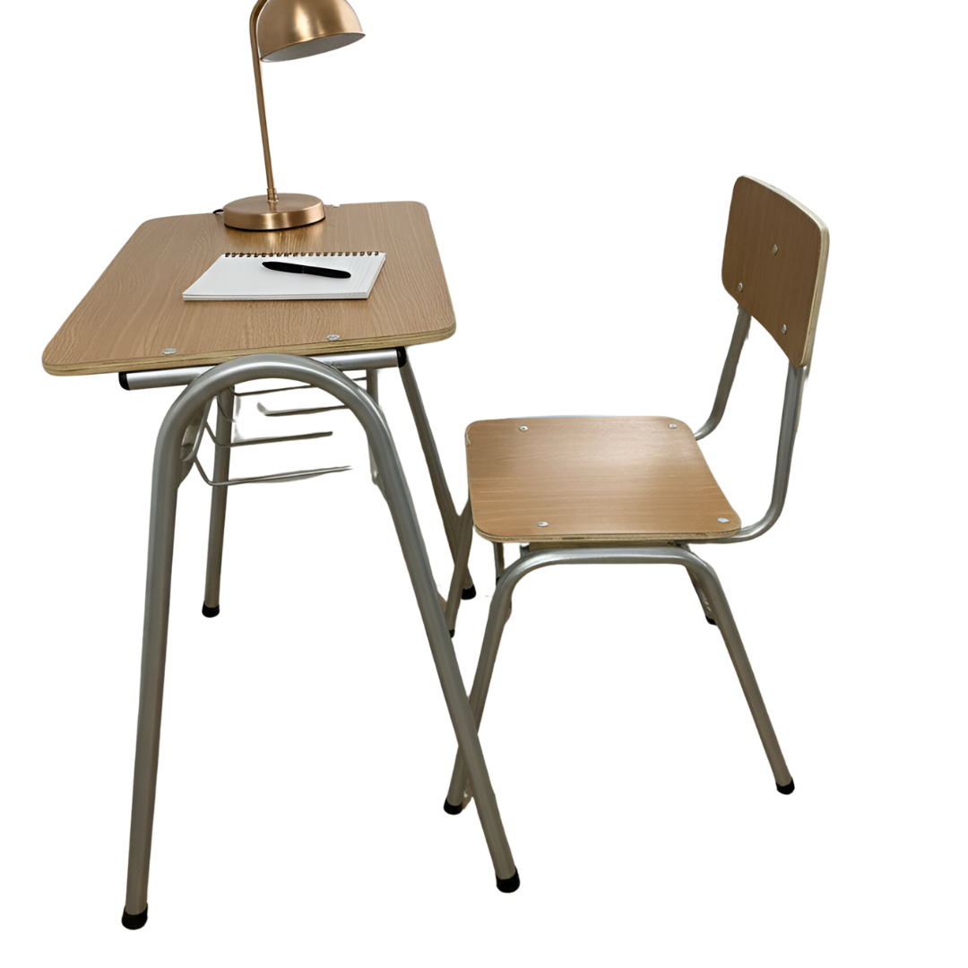 Pupitre + silla escolar estándar con parrilla