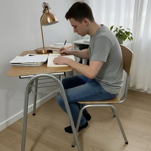 Pupitre + silla escolar estándar con parrilla