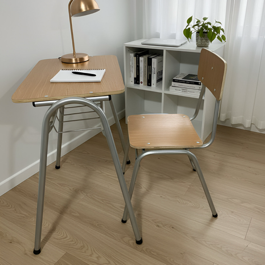 Pupitre + silla escolar estándar con parrilla