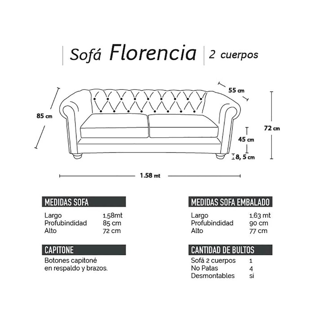 Sofá Capitones Cagliari Florencia - 2 Cuerpos Cuero Caramelo