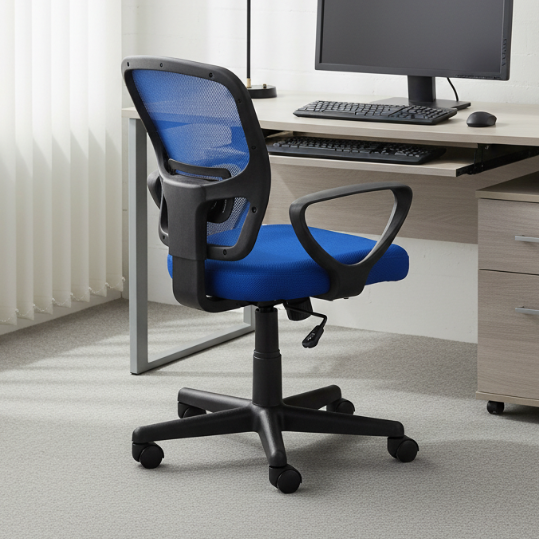 Silla de oficina Lyon brazos fijos azul y rojo