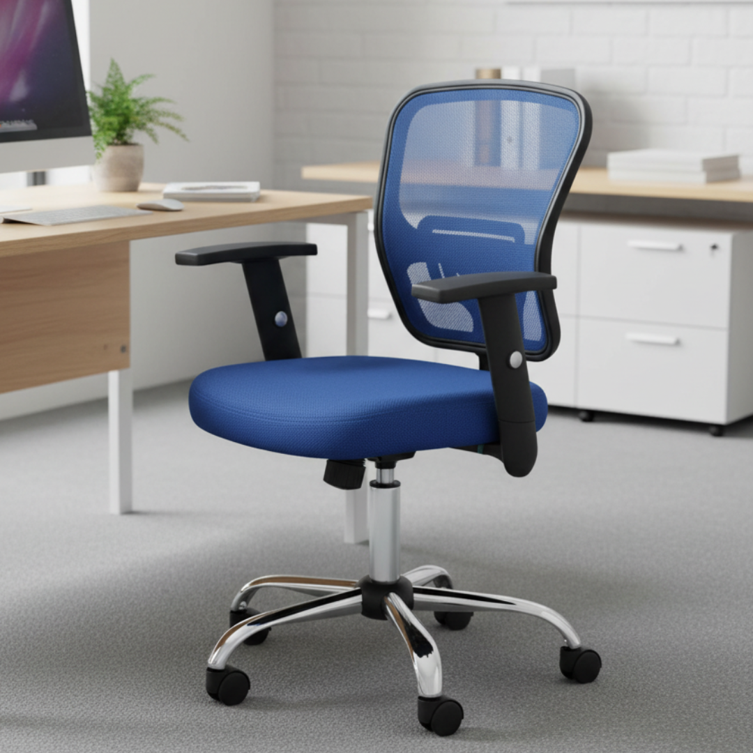 Silla de oficina Lyon brazos regulables rojo y azul