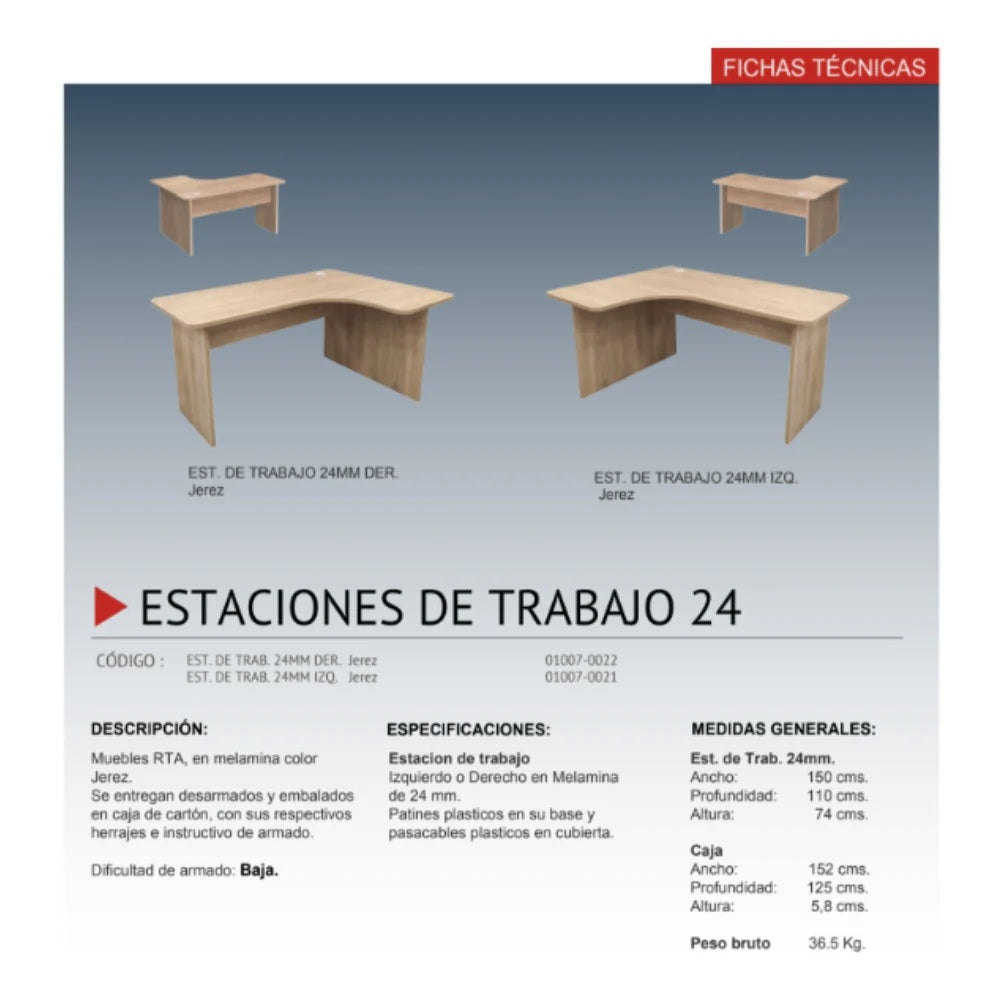 Escritorio home office en L de 24mm